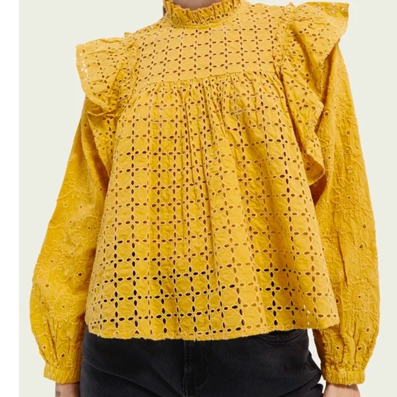 Scotch & Soda Yellow Eyelet Exaggerated Ruffle Top Size M Euro Summer Vibe! - Picture 1 of 13